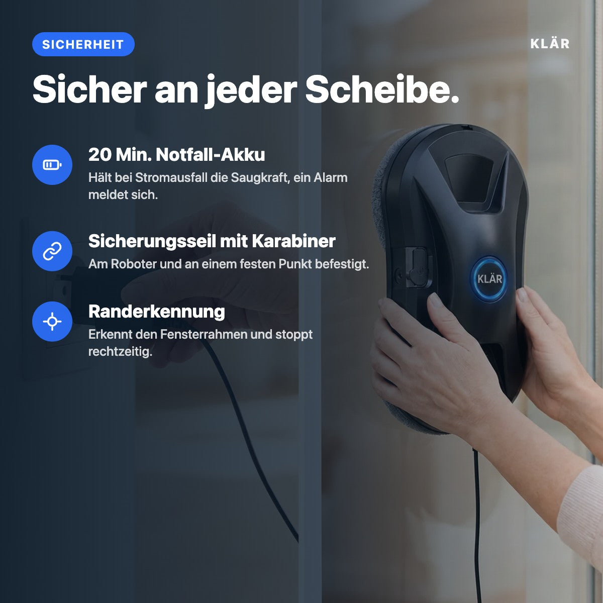 KLÄR Connect – Sicherheit: Notfall-Akku, Sicherungsseil, Randerkennung