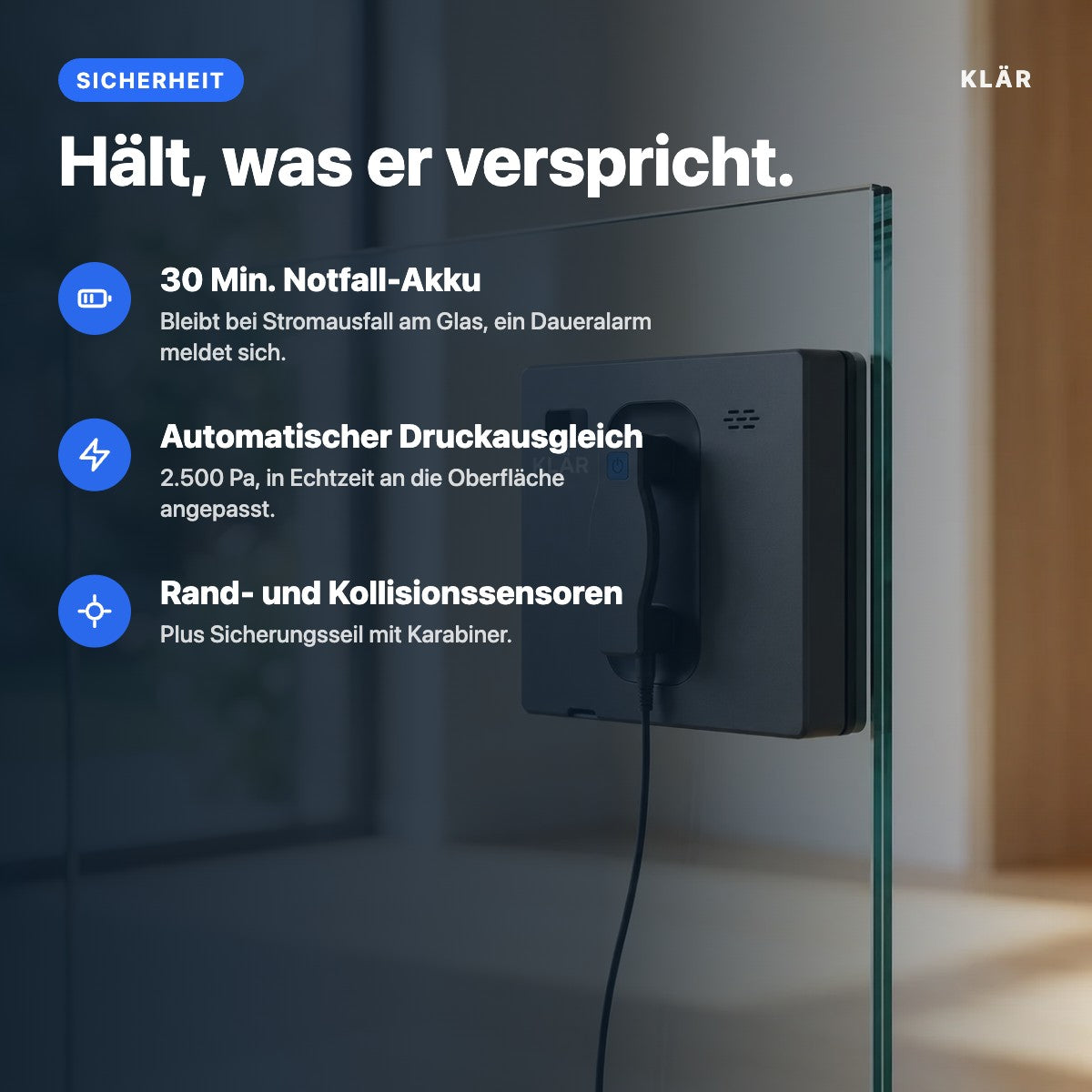 KLÄR Duo – Sicherheit: Notfall-Akku, Druckausgleich, Sensoren