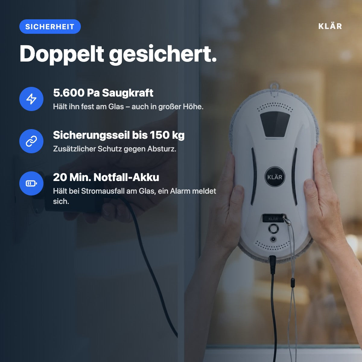 KLÄR S1 – Sicherheit: Sicherungsseil und Notfall-Akku